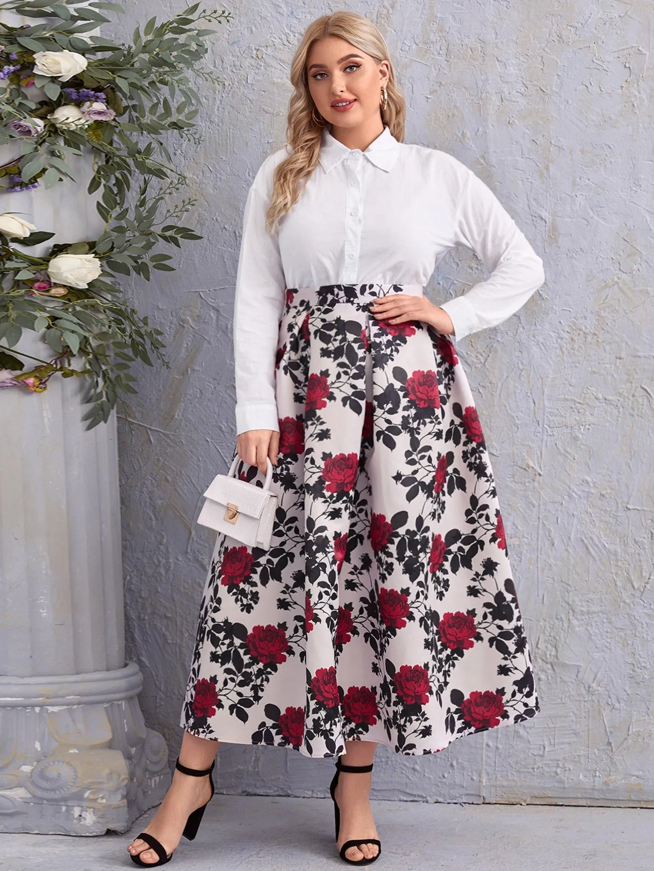 All Over Print Zipper Long Plus Size Skirts