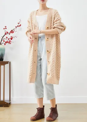 Art Beige Button Down Warm Cable Knit Loose Coat Fall LY9272