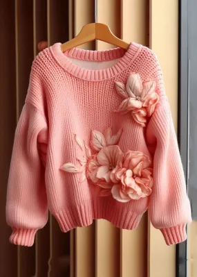 Art Pink Floral  Cozy Cotton Knit Sweaters Long Sleeve FA319