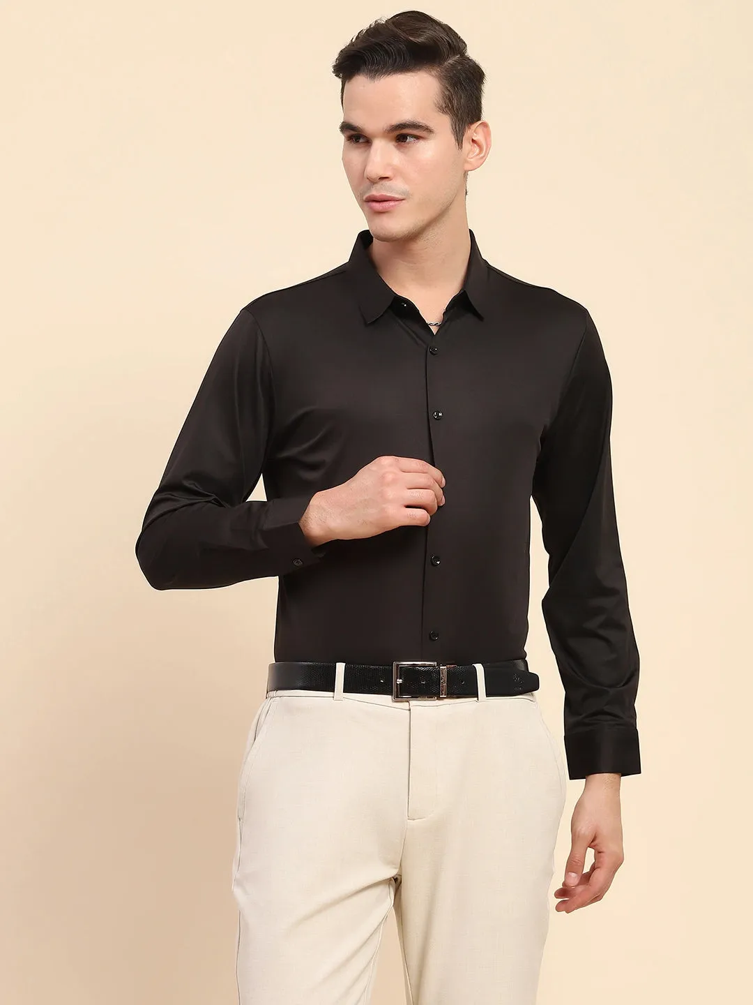 Black Nylon Blend Solid Formal Shirt