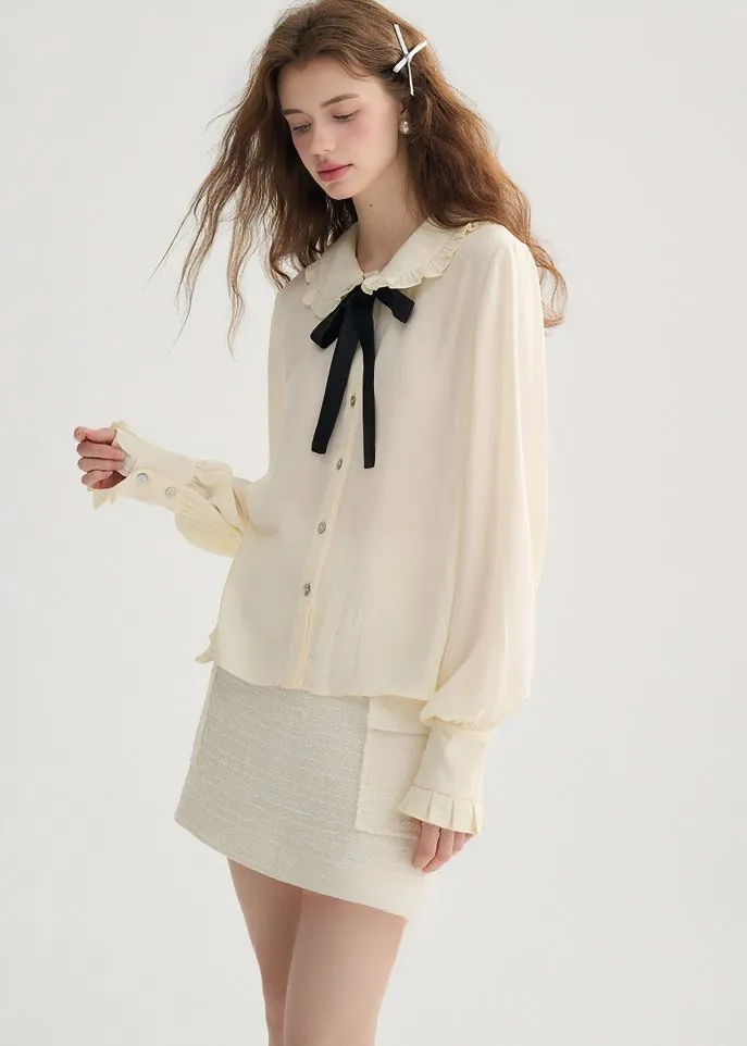 BLACK RIBBON RUFFLE SHIRT