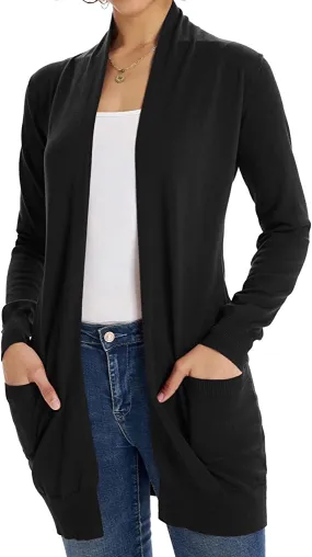 Black Women Open Front Cardigan Sweaters Pockets Long Sleeve Shrugs - GRACE KARIN