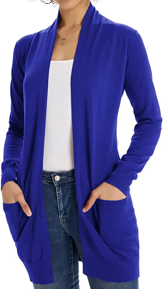 Blue Women Open Front Cardigan Sweaters Pockets Long Sleeve Shrugs - GRACE KARIN