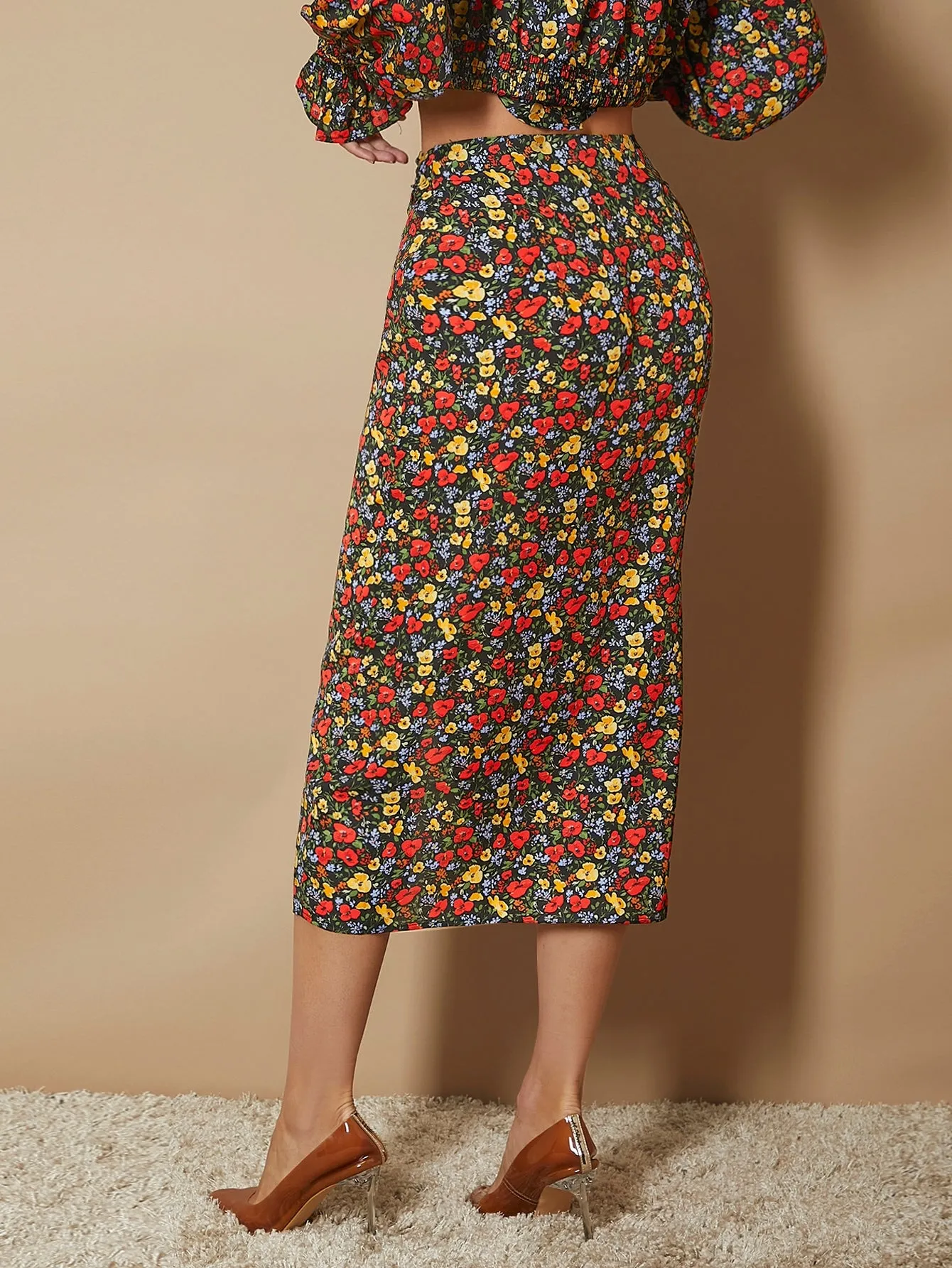 Boho Floral Twist High Waist Midi Women Skirt