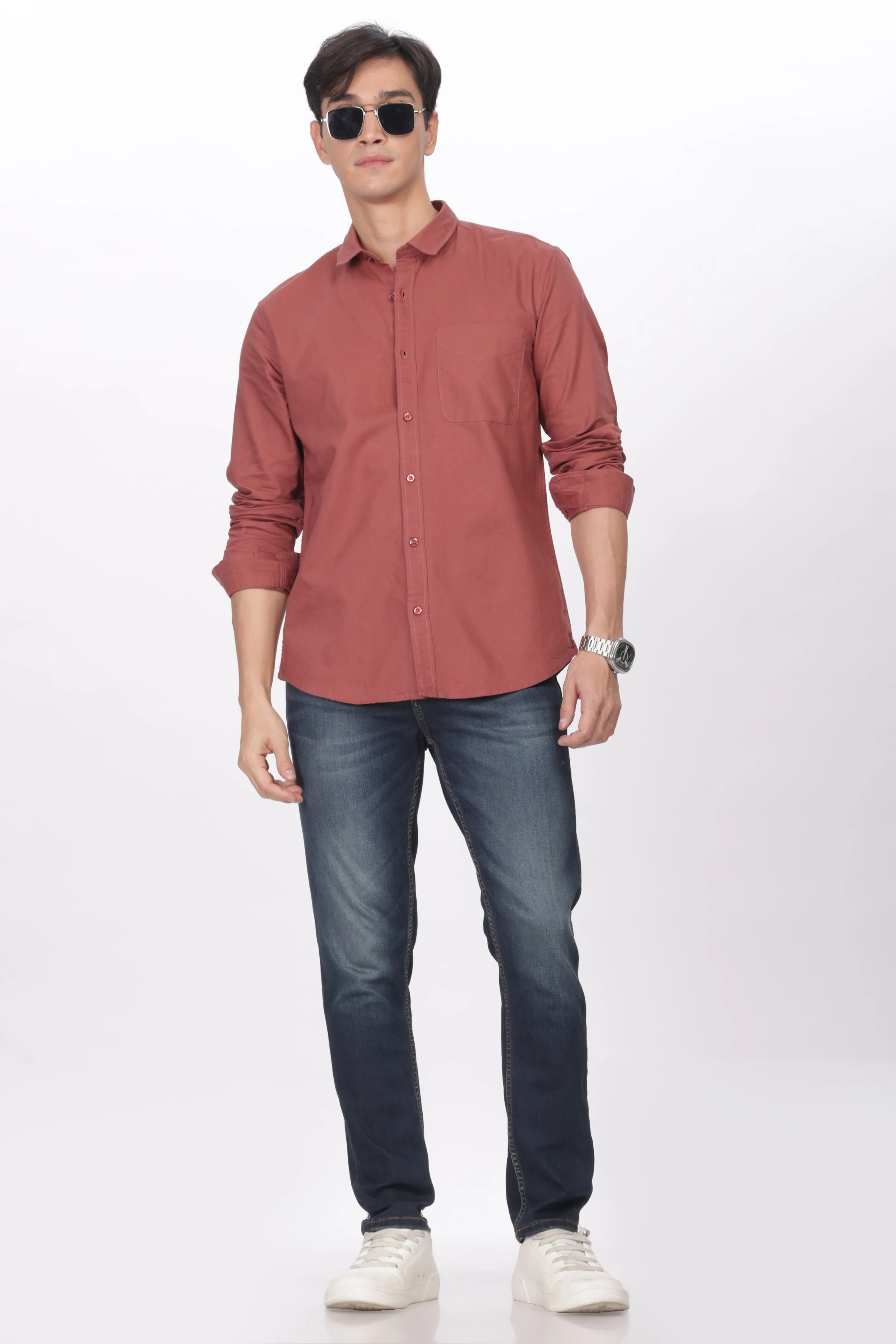 Brick Red Regular Fit Plain Full Sleeve Shirt