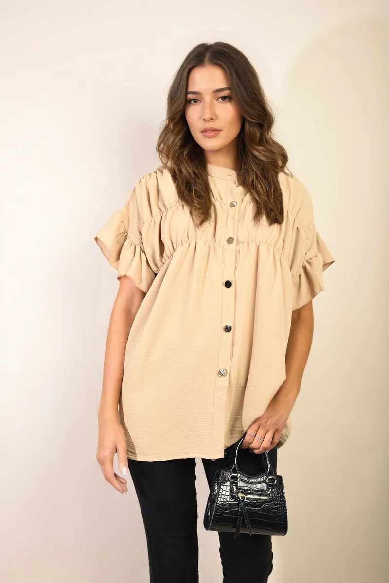 Button Down Pleated Frill Tops