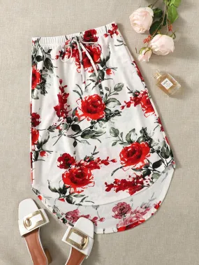 Casual Floral High Low Natural Short Women Skirt