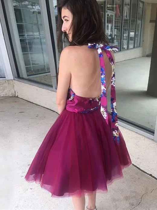 Chic A-line Fuchsia Short Prom Dress Halter Homecoming Dresses Cocktail Dress PFH0008