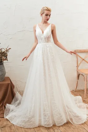 Chic Deep V-Neck White Tulle Princess Open Back Wedding Dresses with Court Train