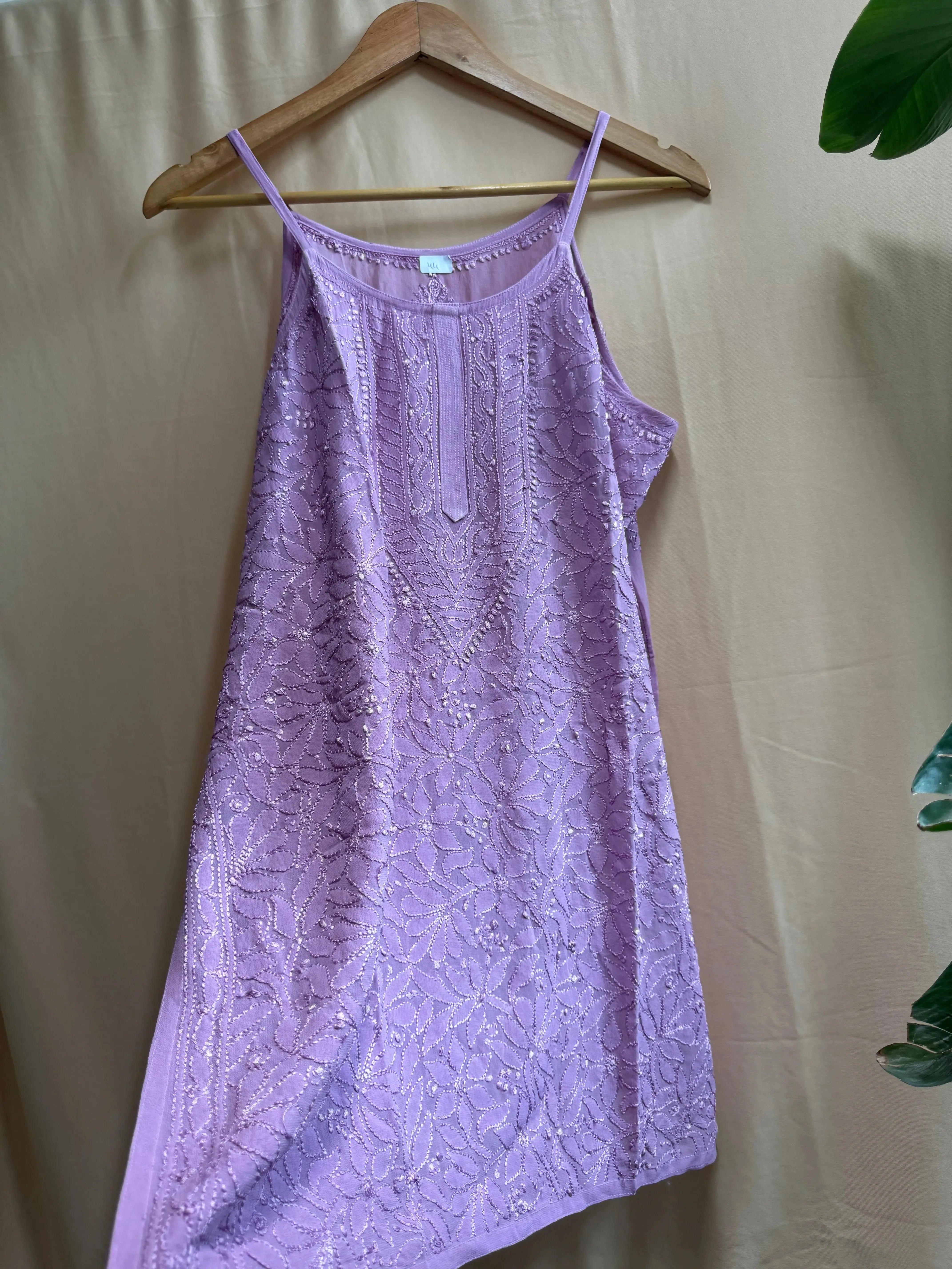 Chikankari Noodle Strap short Top in lavender purple