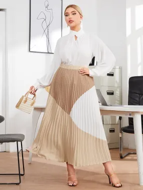 Colorblock Pleated Long Plus Size Skirt