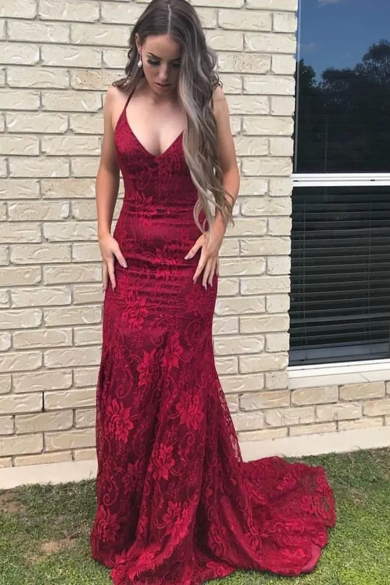 Elegant Straps V Neck Lace Mermaid Long Evening Dresses, Prom Dresses