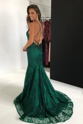 Elegant Straps V Neck Lace Mermaid Long Evening Dresses, Prom Dresses