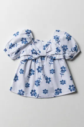 Floral Bow Top White & Blue