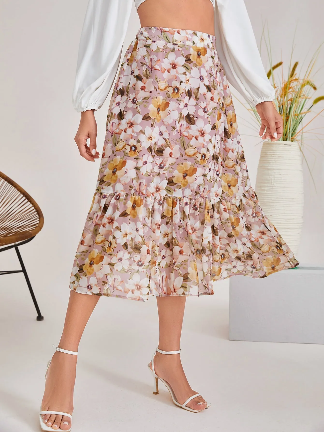 Floral Skirt With Ruffle Hem