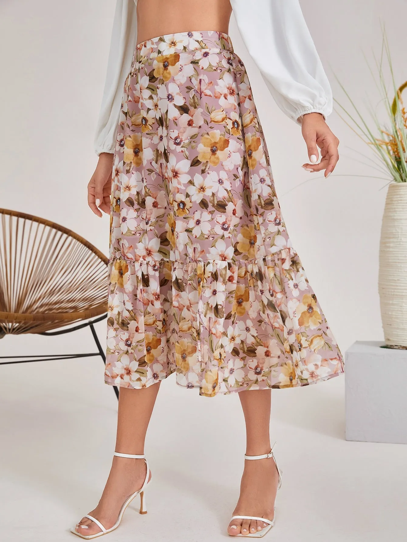 Floral Skirt With Ruffle Hem