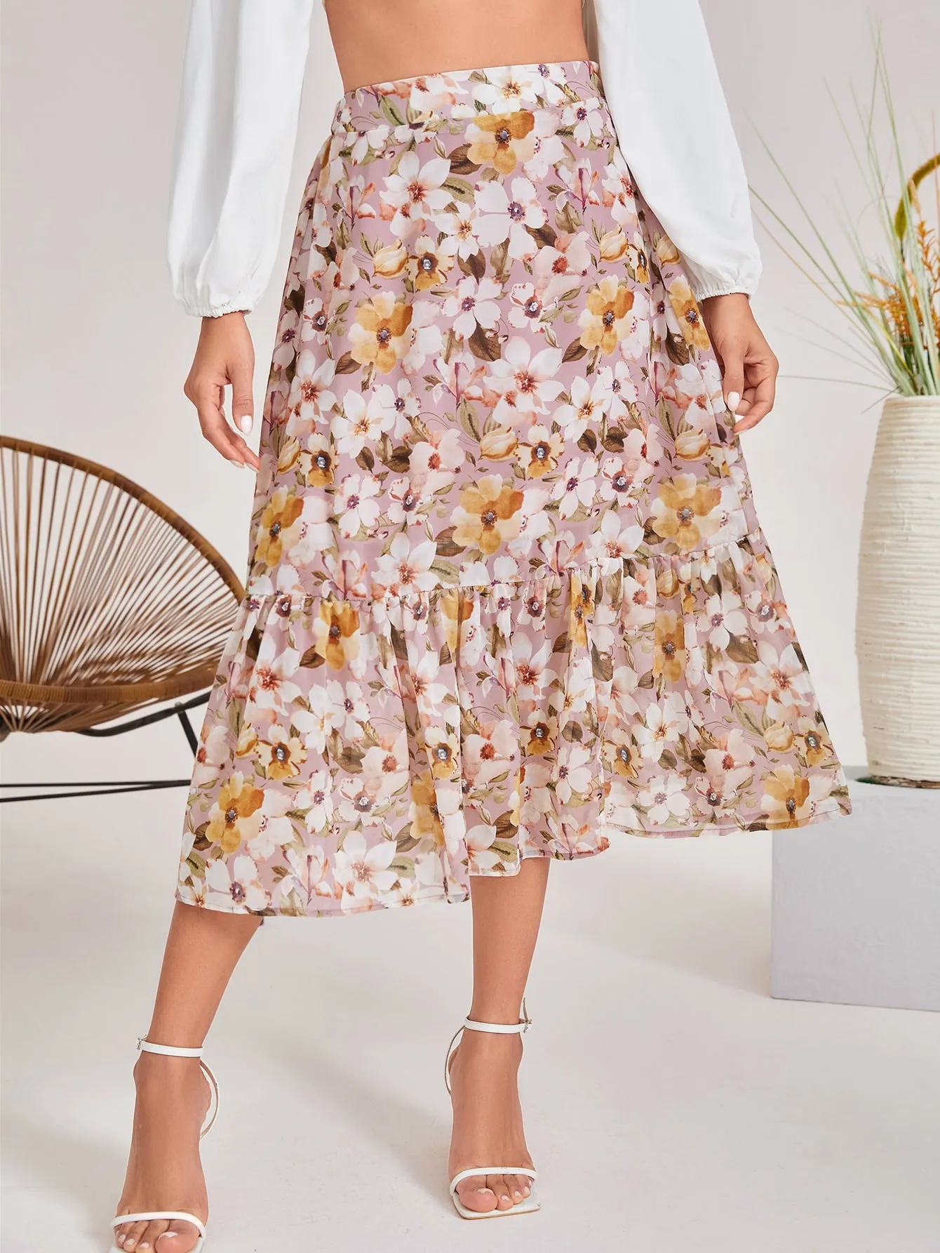 Floral Skirt With Ruffle Hem