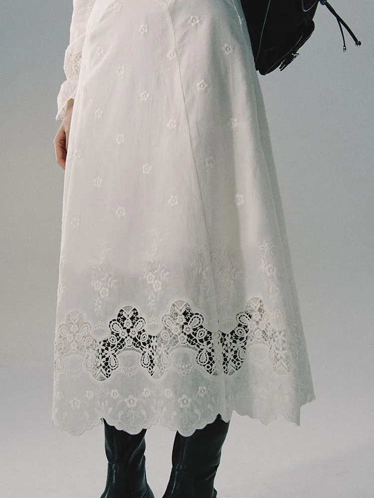 Lace Punching Feminine Lace Candy-Sleeve Blouse＆Long-Skirt