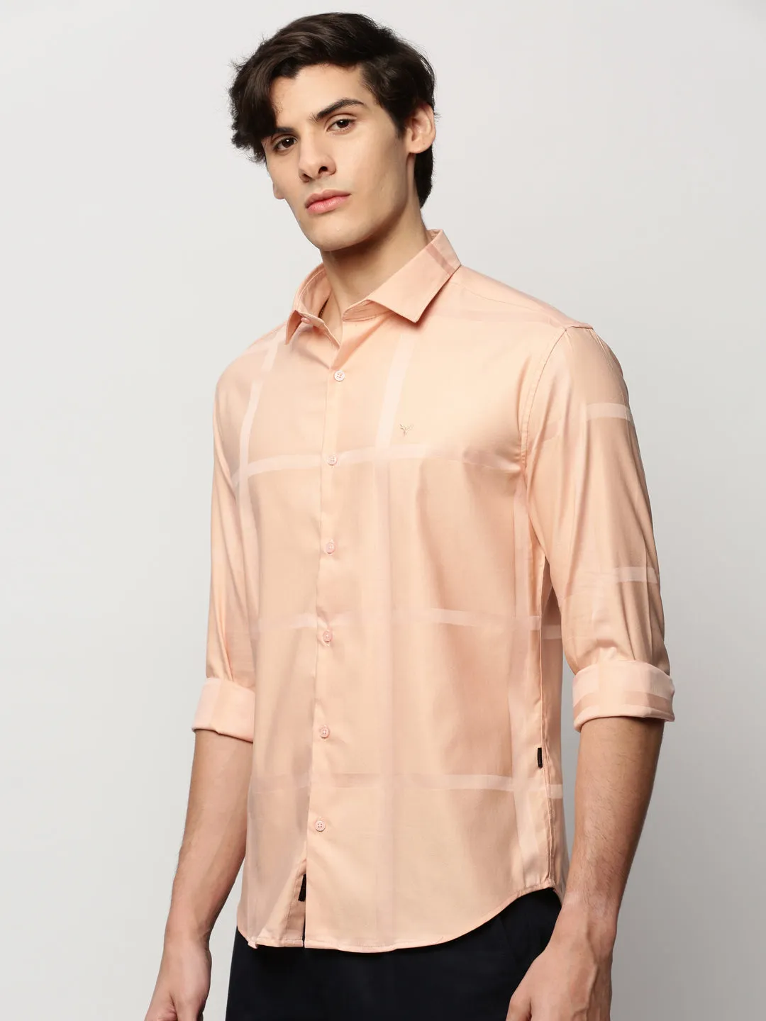 Men Peach Checked Casual Casual Shirts