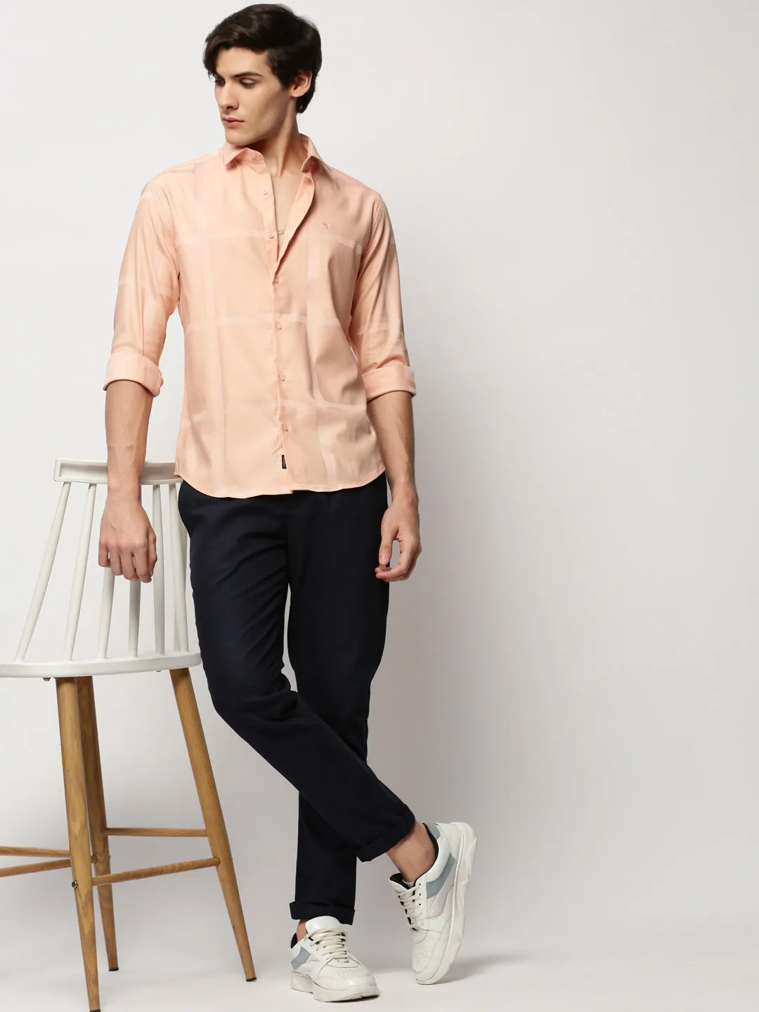 Men Peach Checked Casual Casual Shirts