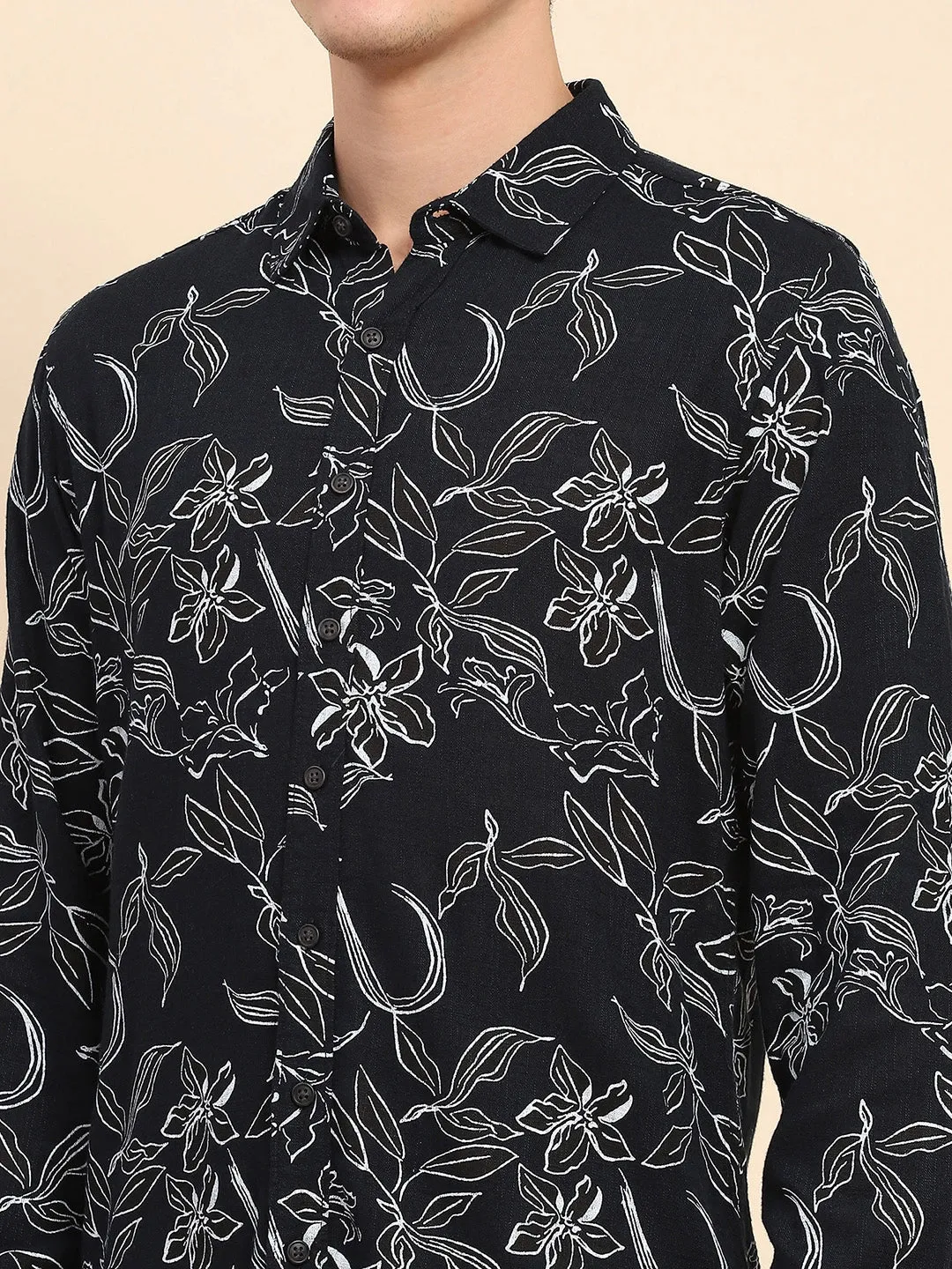 Navy Blue Cotton Blend Floral Print Casual Shirt