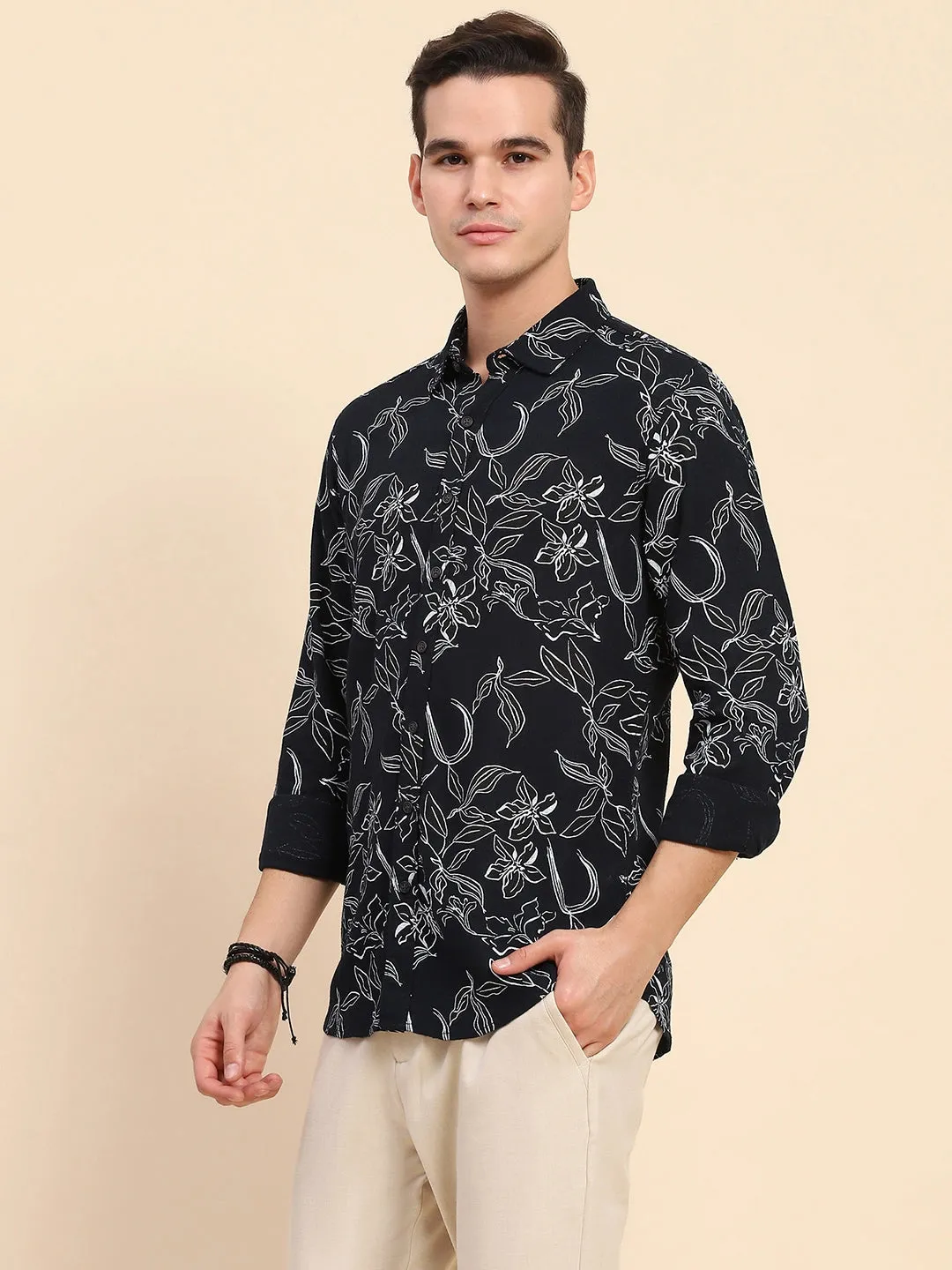 Navy Blue Cotton Blend Floral Print Casual Shirt