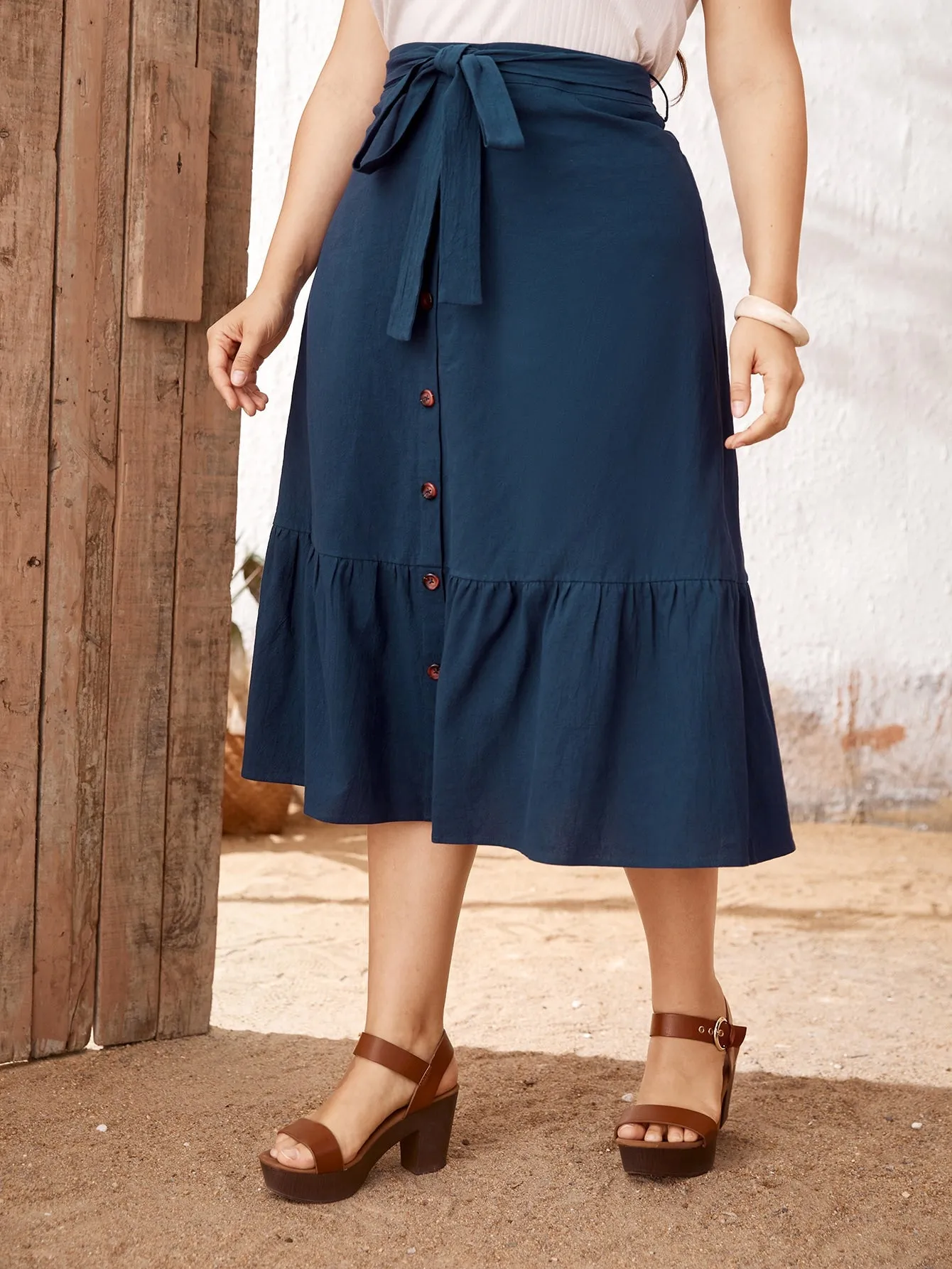 Plain Button Front Midi Plus Size Skirt