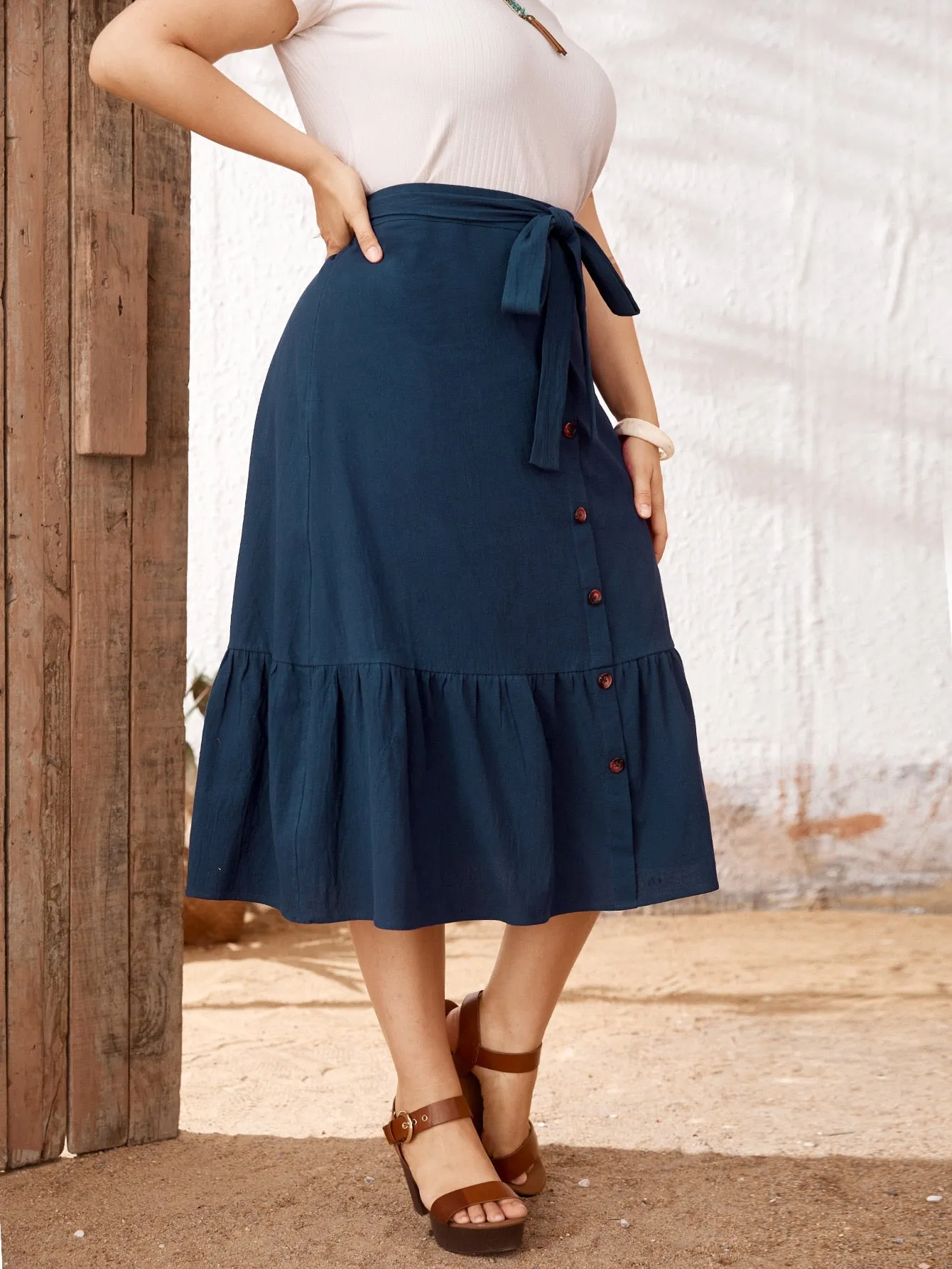 Plain Button Front Midi Plus Size Skirt