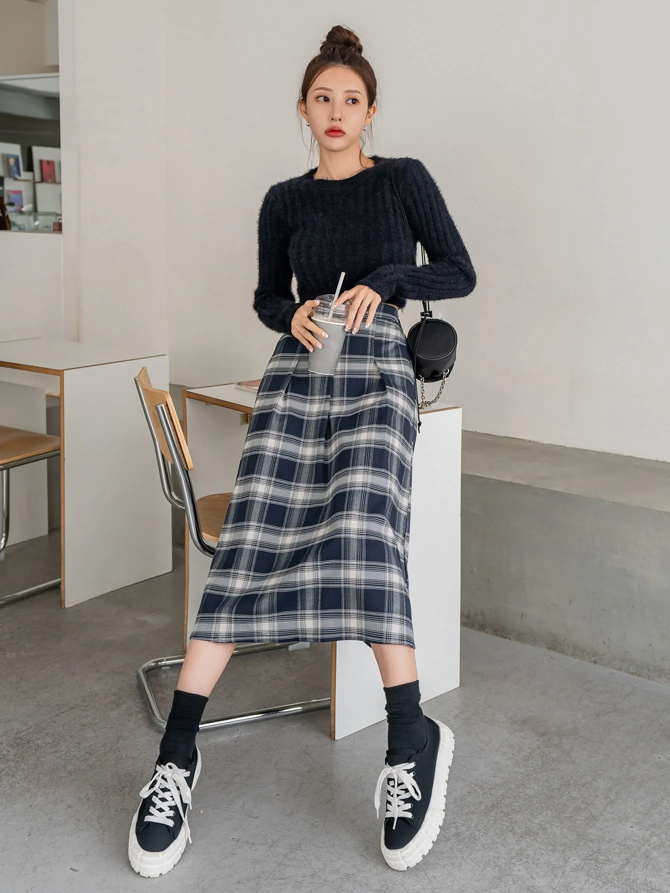 Preppy Plaid High Waist Midi Women Skirt