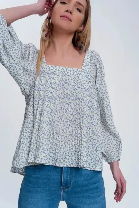 Puff Sleeve Top with Square Neck in Blue Floral Print