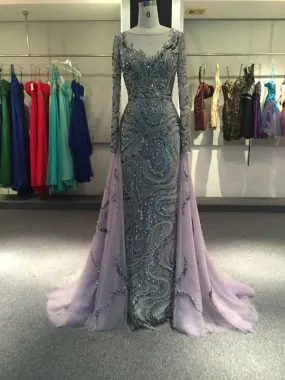 Purple long sleeves mermaid prom dresses with removable train sliver crystals rhinestones