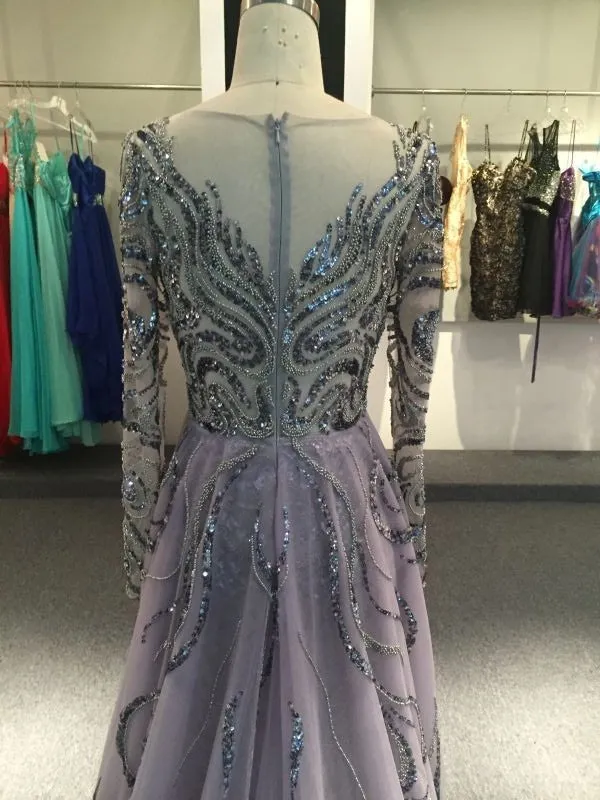 Purple long sleeves mermaid prom dresses with removable train sliver crystals rhinestones