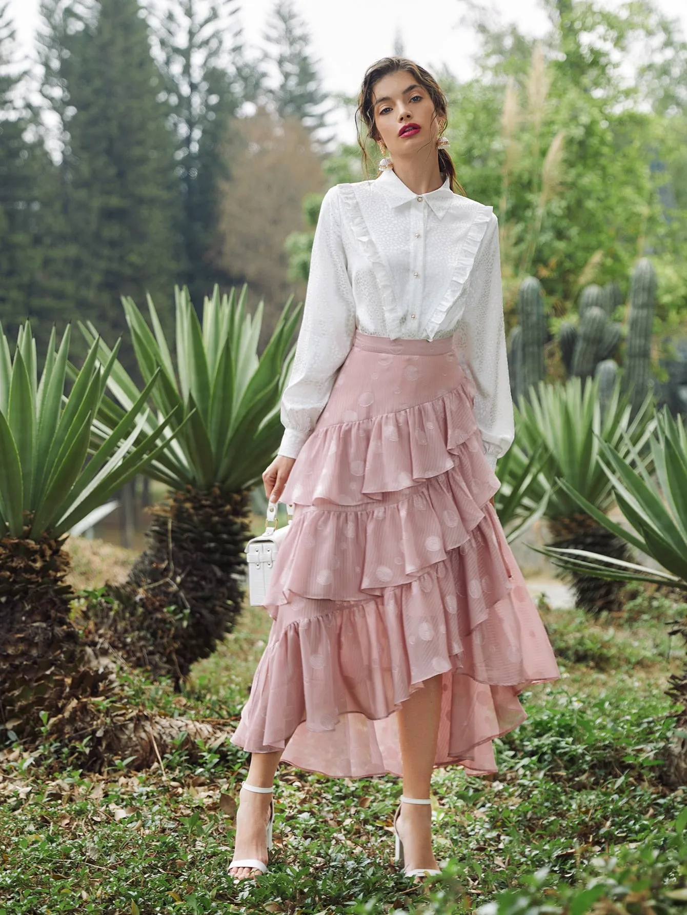 Romantic Plain Ruffle Hem High Waist Long Women Skirt