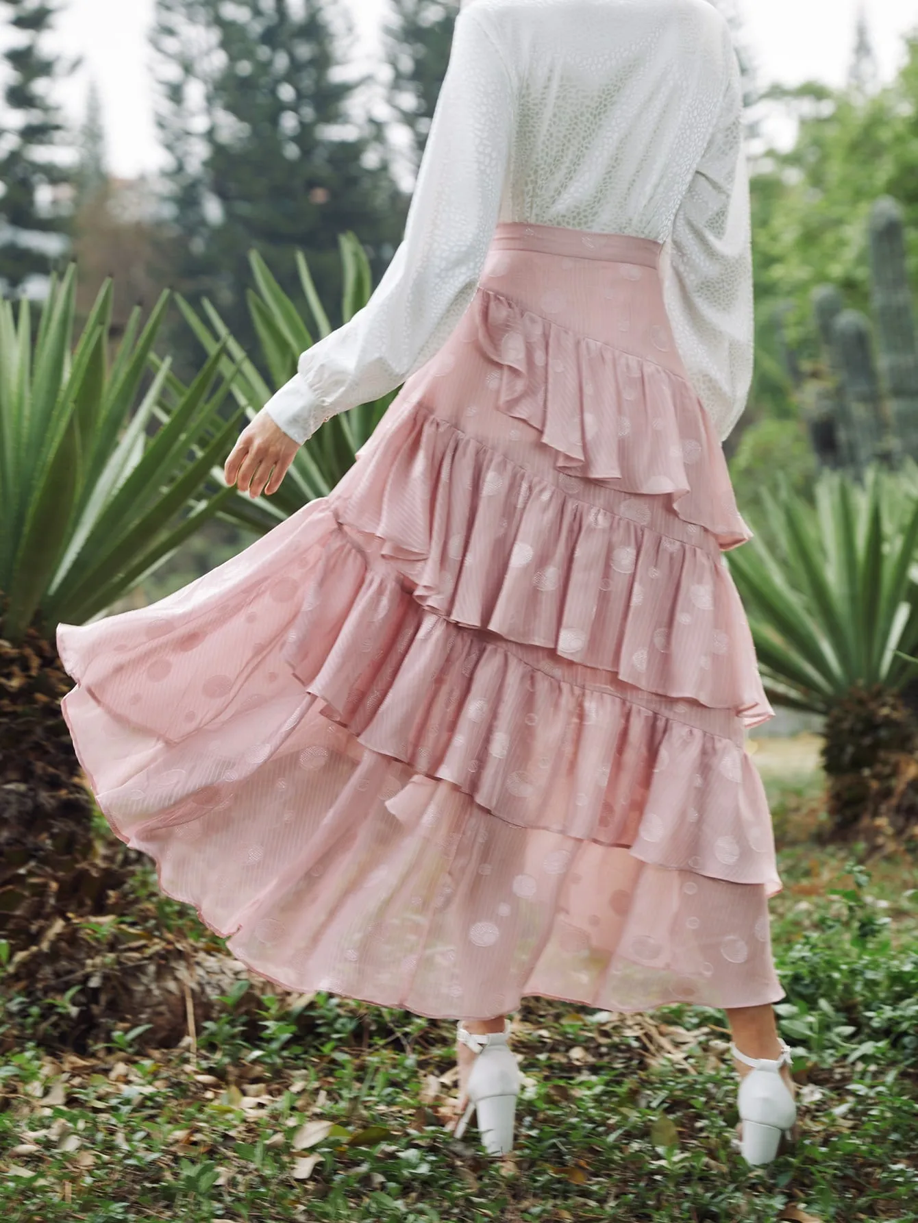 Romantic Plain Ruffle Hem High Waist Long Women Skirt