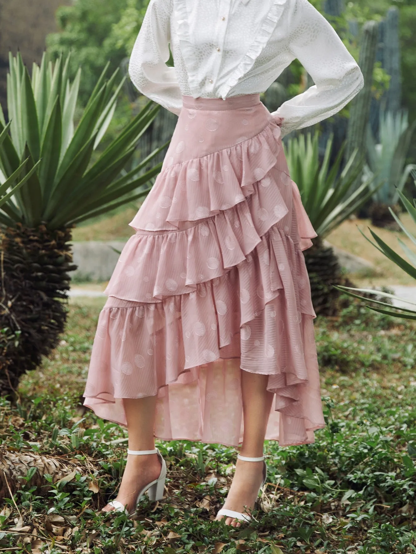 Romantic Plain Ruffle Hem High Waist Long Women Skirt