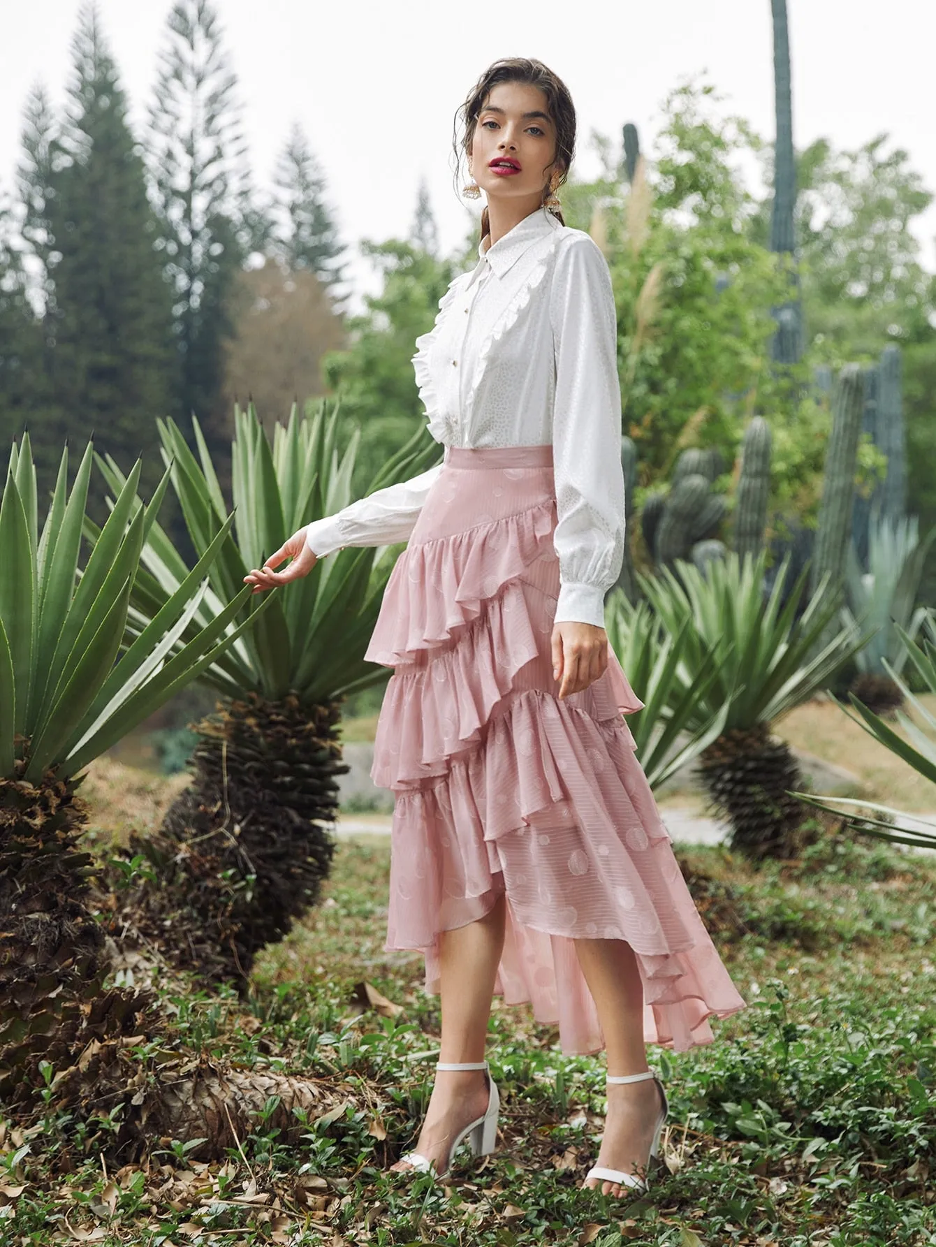 Romantic Plain Ruffle Hem High Waist Long Women Skirt