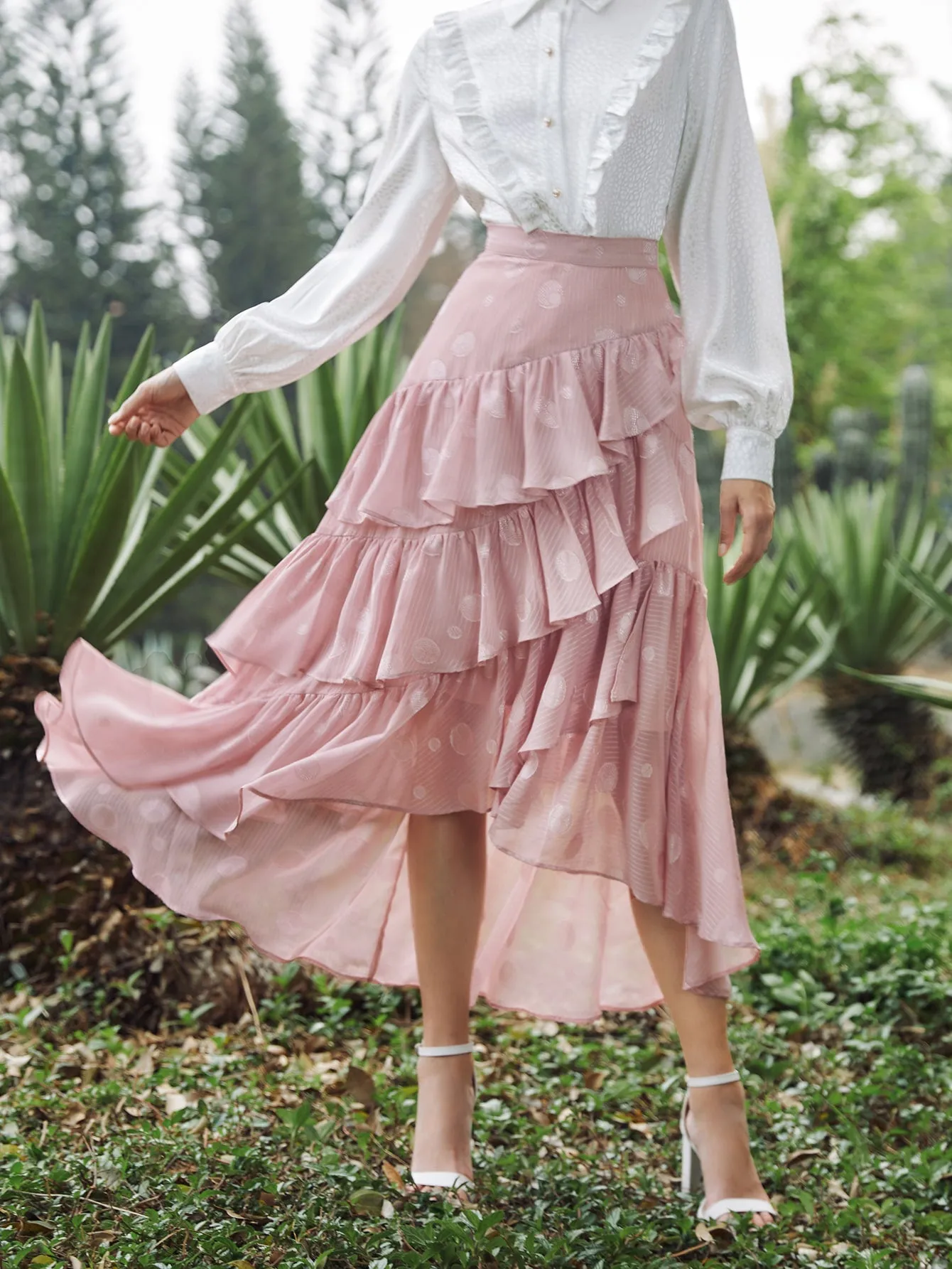 Romantic Plain Ruffle Hem High Waist Long Women Skirt