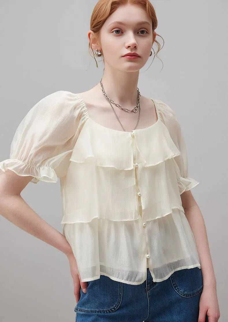 SUMMER RUFFLE STITCH PUFF SLEEVE TOPS