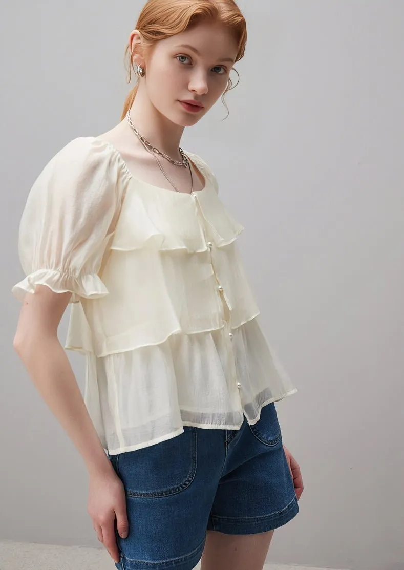 SUMMER RUFFLE STITCH PUFF SLEEVE TOPS