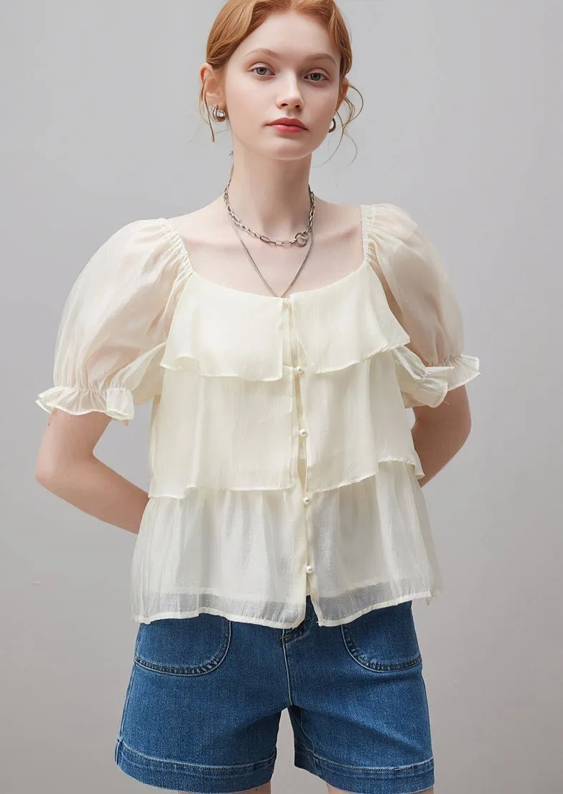 SUMMER RUFFLE STITCH PUFF SLEEVE TOPS