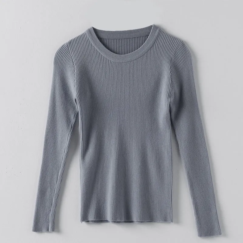 Sweater Korean Round-Neck Long Sleeved Knitted Tops Slimming All-Matching Western Innerwear