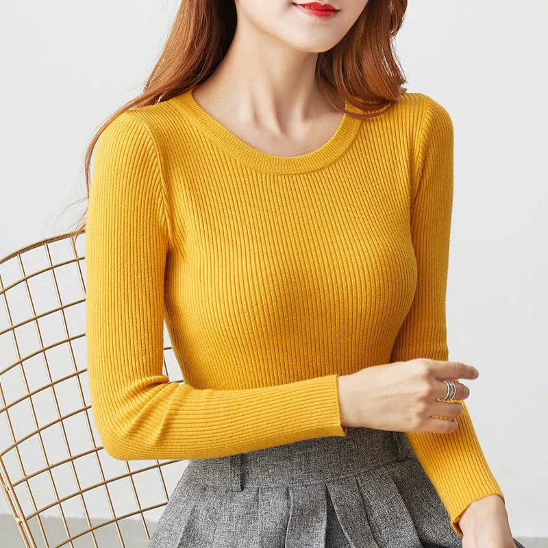 Sweater Korean Round-Neck Long Sleeved Knitted Tops Slimming All-Matching Western Innerwear