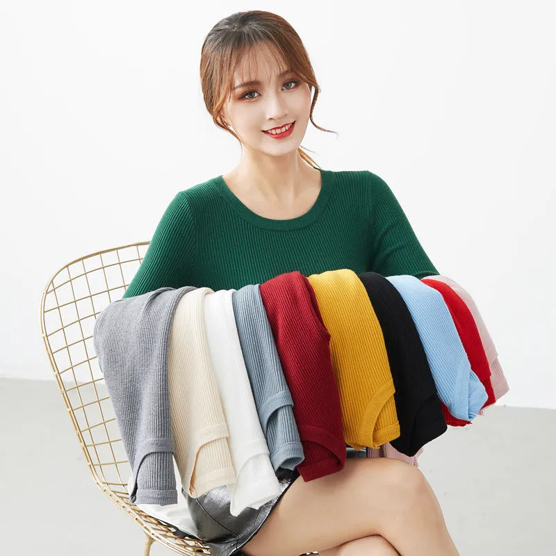 Sweater Korean Round-Neck Long Sleeved Knitted Tops Slimming All-Matching Western Innerwear