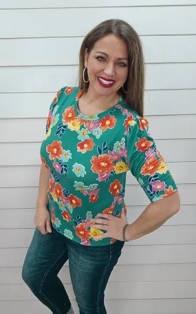 TEAL FLORAL PRINT SHIRRING DETAIL BUTTER SOFT TOP