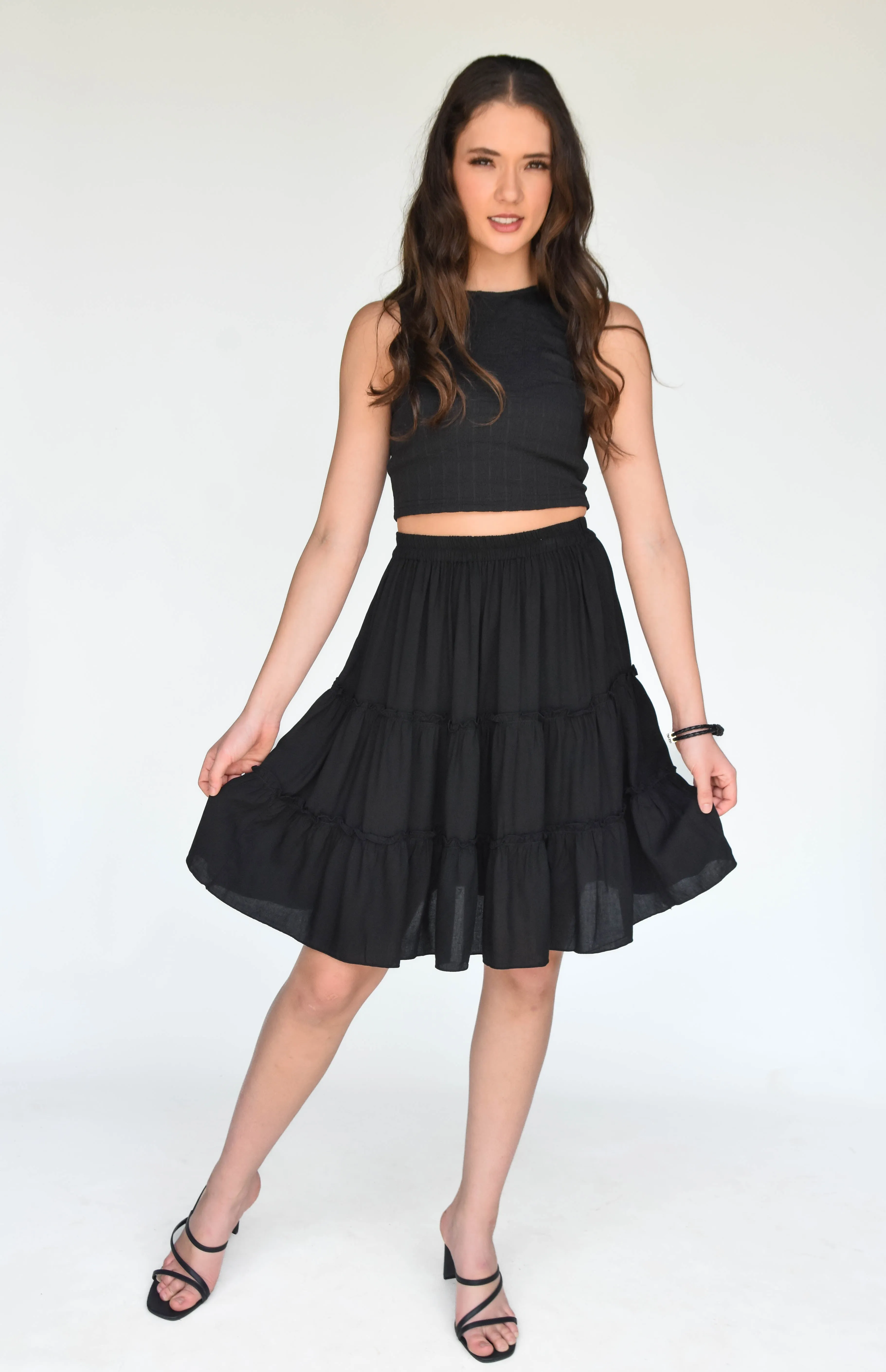 Tiered Knee Length Skirt - Black