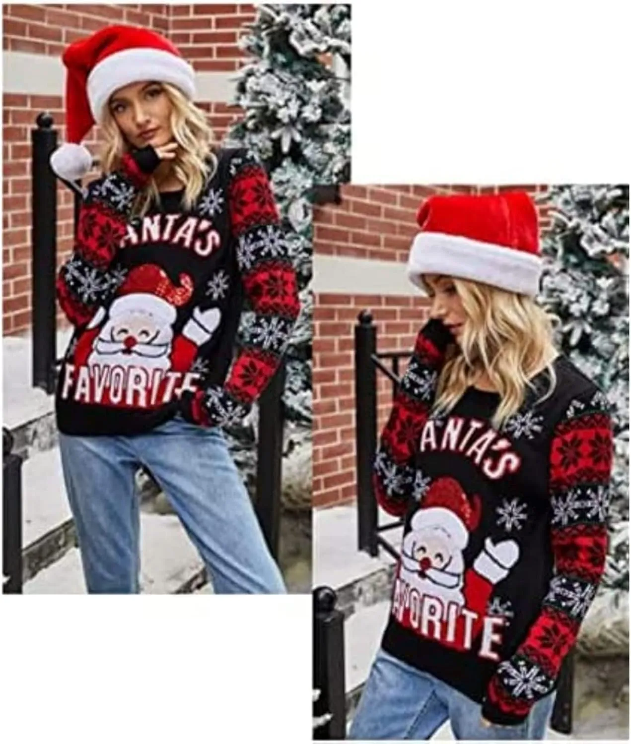 Ugly Christmas Sweater Santa Claus Printed Embroidered Round Neck Knit Sweater