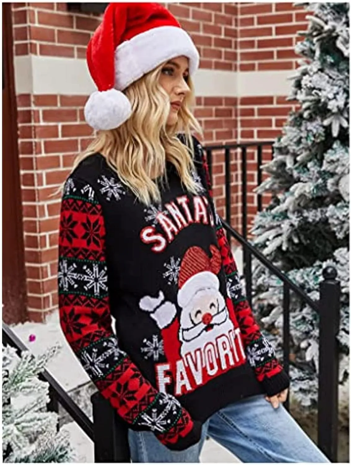 Ugly Christmas Sweater Santa Claus Printed Embroidered Round Neck Knit Sweater