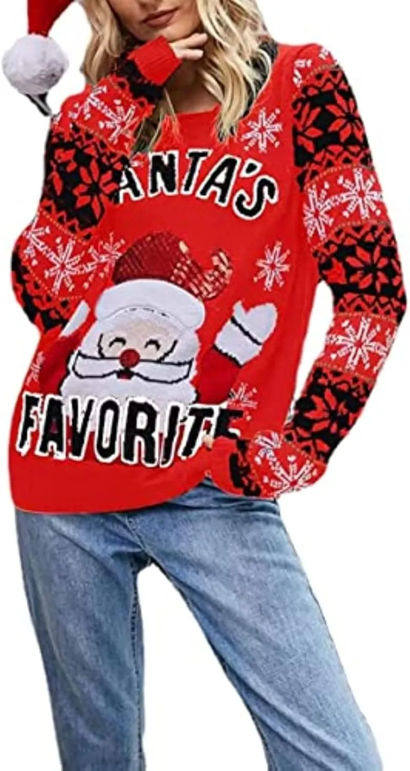 Ugly Christmas Sweater Santa Claus Printed Embroidered Round Neck Knit Sweater