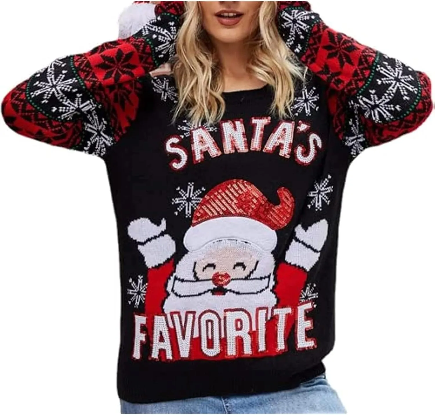 Ugly Christmas Sweater Santa Claus Printed Embroidered Round Neck Knit Sweater