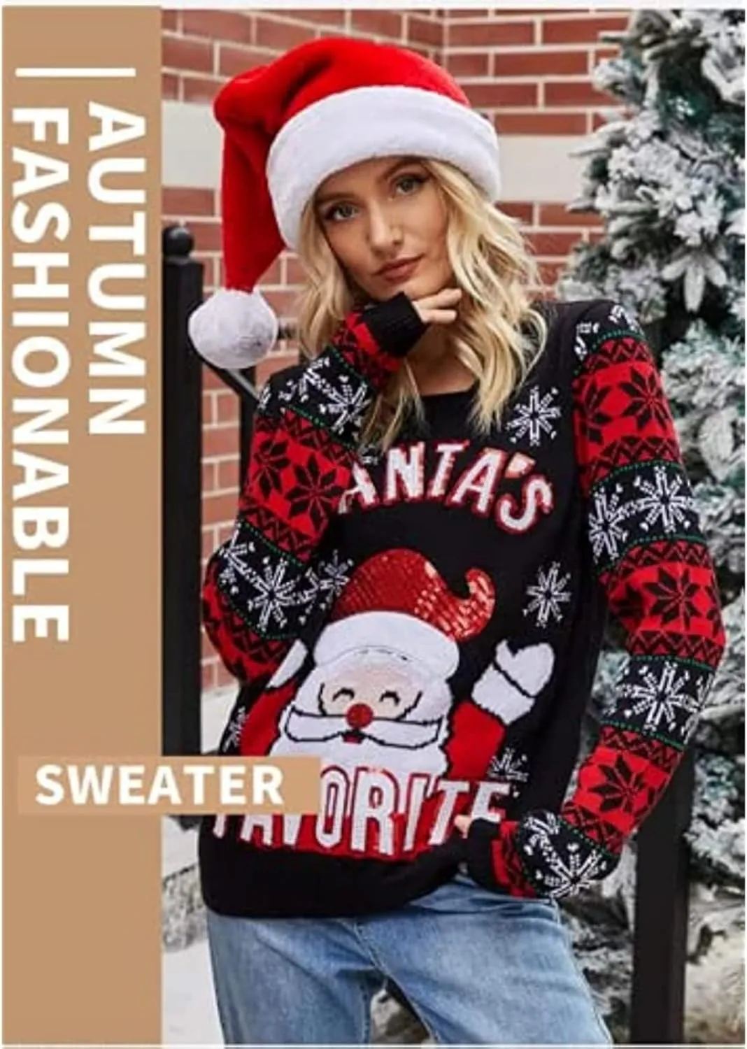 Ugly Christmas Sweater Santa Claus Printed Embroidered Round Neck Knit Sweater